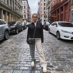 WKND NATION Black pullover, 1/4 collar neckline, cream accents